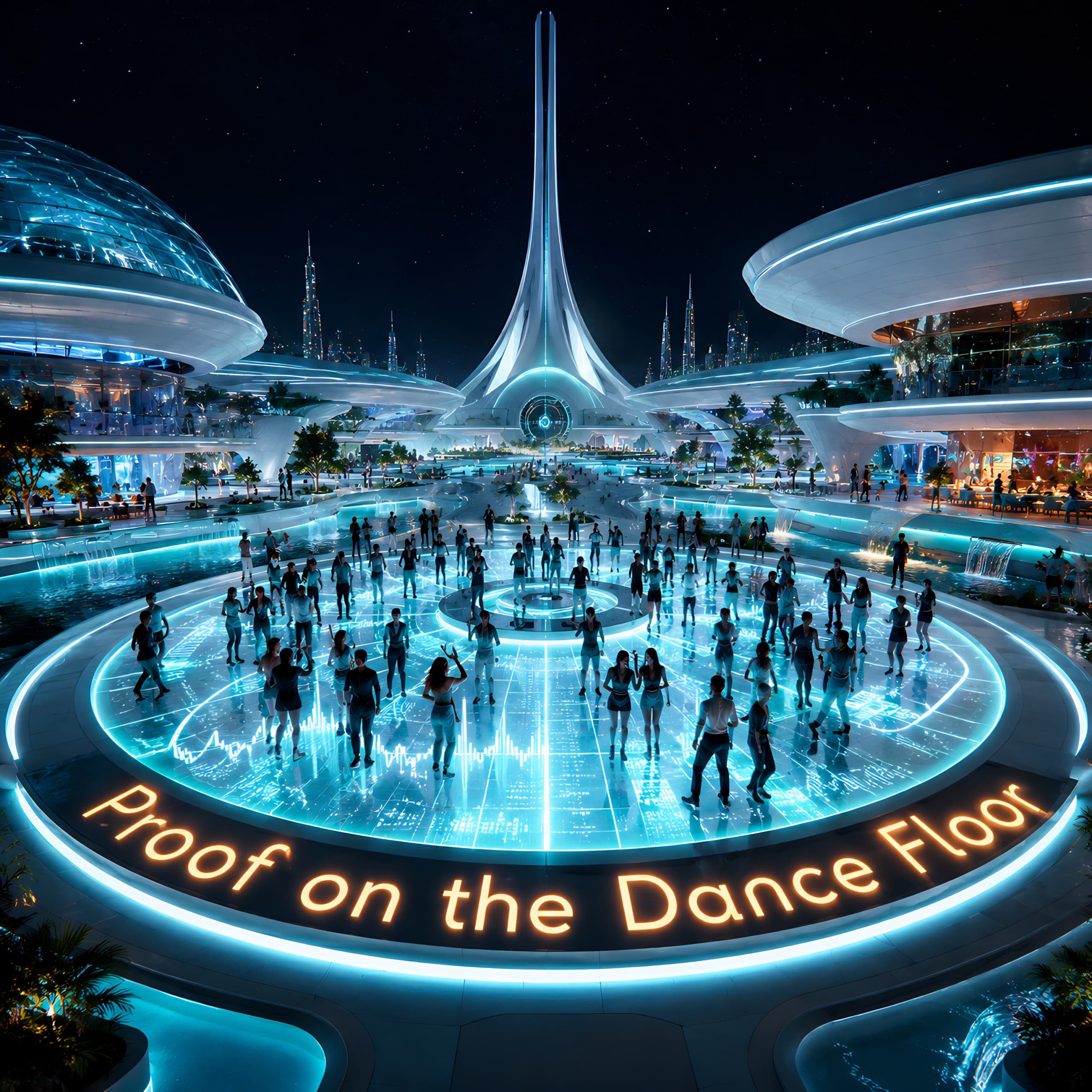Proof on the Dance Floor Album Cover Album cover for Proof on the Dance Floor, showing a futuristic glowing dance floor surrounded by people, neon blue architecture, and the title lit around the edge of the circular stage.