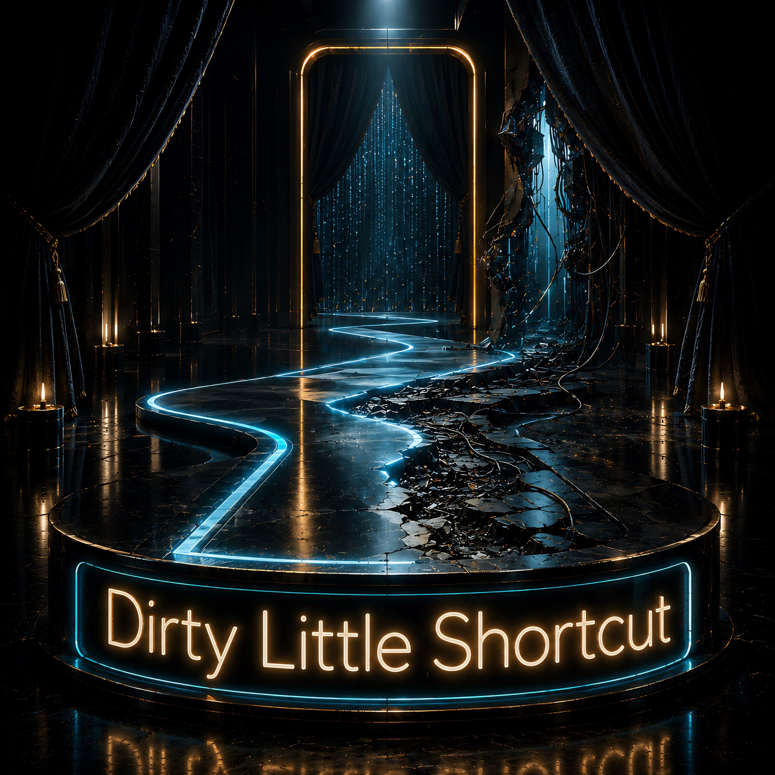 Enhanced Dirty Little Shortcut Dark theatrical album cover showing a glossy black stage with heavy curtains, a glowing cyan shortcut path, and a broken cracked section exposing debris and failure beneath the polished surface. A gold-lit doorway and blue digital lights create a dramatic club-like atmosphere. The title “Dirty Little Shortcut” appears in large glowing gold text across the bottom.