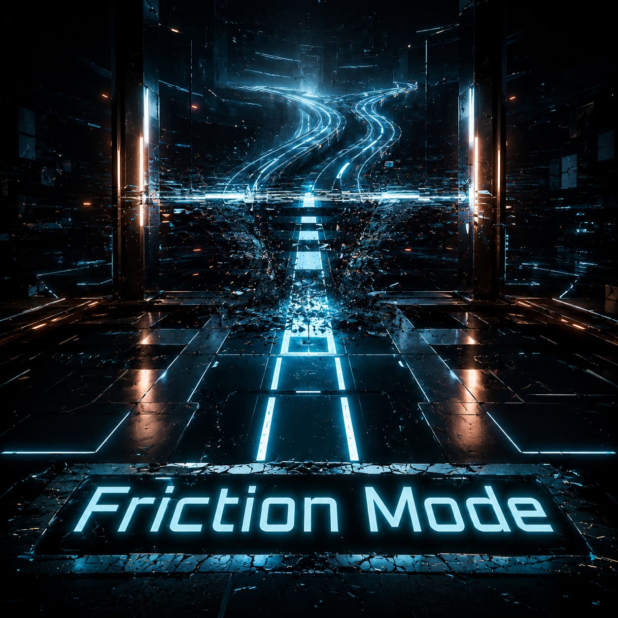 Friction Mode Album cover for Friction Mode. Dark futuristic digital corridor with glowing cyan pathway lines breaking apart at the center of the image, sending shards and fragments outward as the illuminated route glitches and collapses. Deep navy and black reflective environment with subtle orange accent lights and a dramatic high-tech atmosphere. The title “Friction Mode” appears in bright glowing cyan text at the bottom foreground.