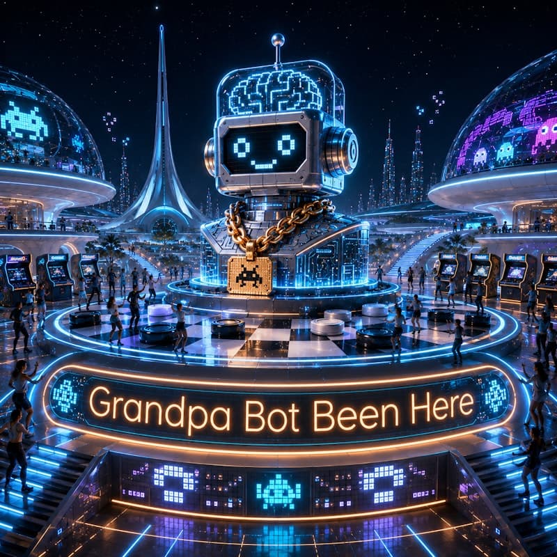 Grandpa Bot Been Here Album cover for Grandpa Bot Been Here, showing a smiling robot with headphones and a gold chain on a neon futuristic dance-floor stage, with arcade-style visuals in the background.