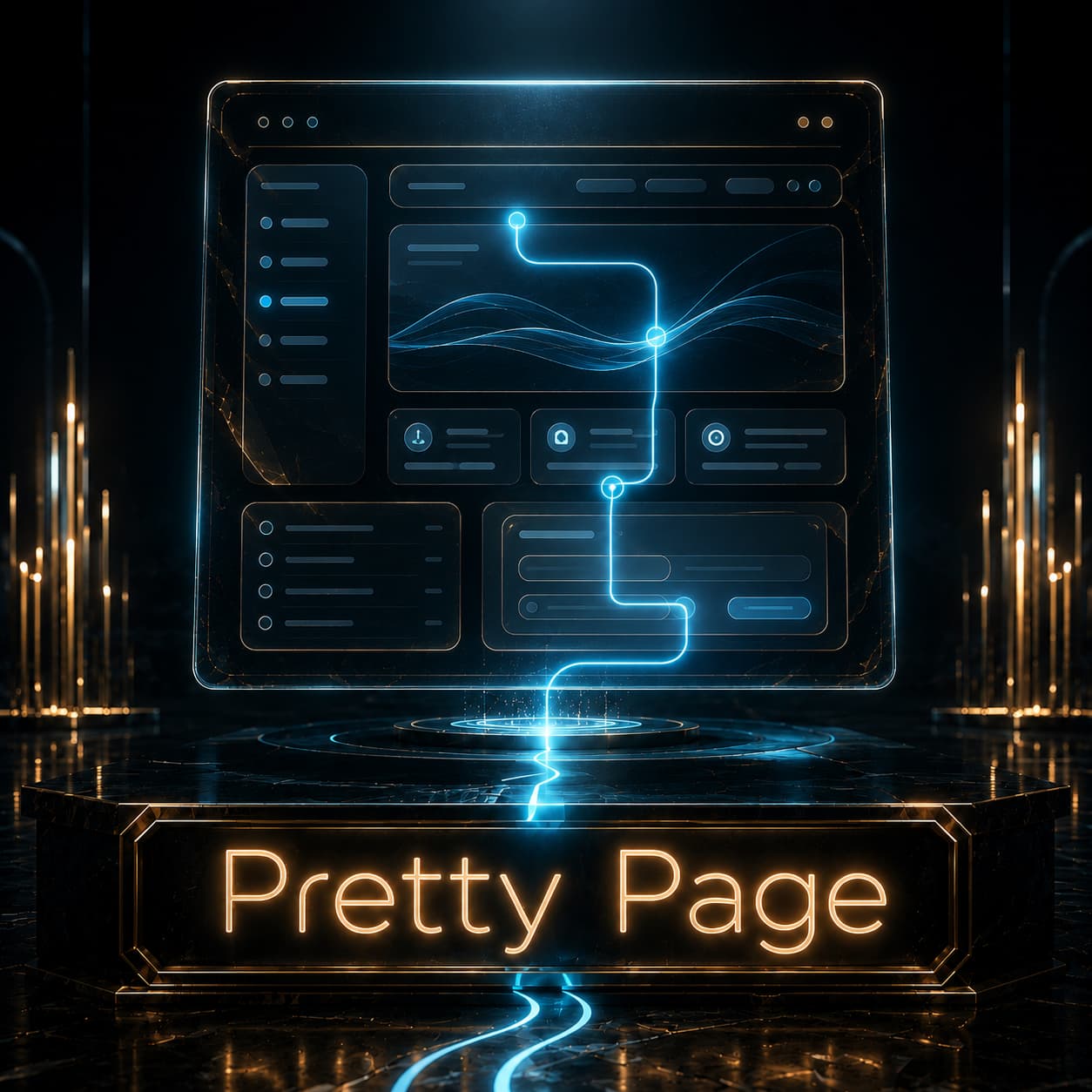 Pretty Page Album Cover for Pretty Page. Dark polished futuristic interface panel floating above a reflective black surface, with glowing cyan route lines flowing through abstract website-style sections and navigation shapes. Elegant navy, teal, cyan, and gold lighting creates a sleek digital atmosphere focused on usability and guided movement. The title “Pretty Page” appears in large glowing gold text at the bottom foreground.