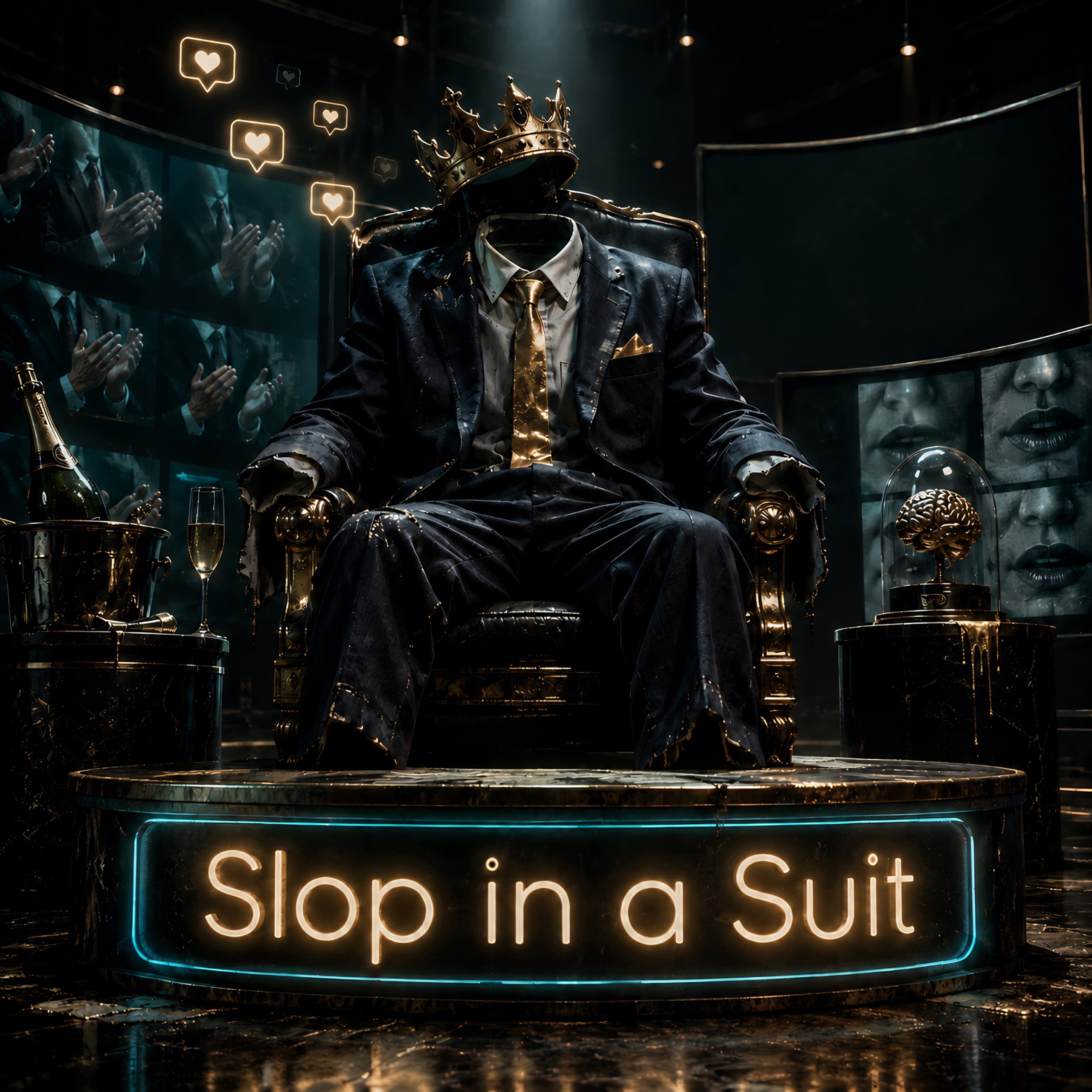 Slop in a Suit Album cover for Slop in a Suit, showing a headless figure in a dark suit seated on a throne with a crown, surrounded by glowing social icons, screens, and dramatic gold lighting.