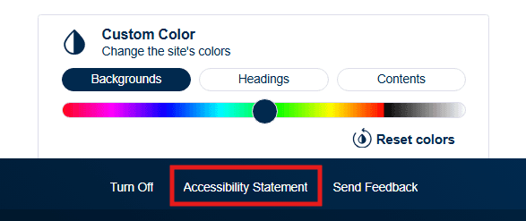 accessibility-window Accessibility settings panel with the “Accessibility Statement” button highlighted, showing where users can open the website’s accessibility statement.