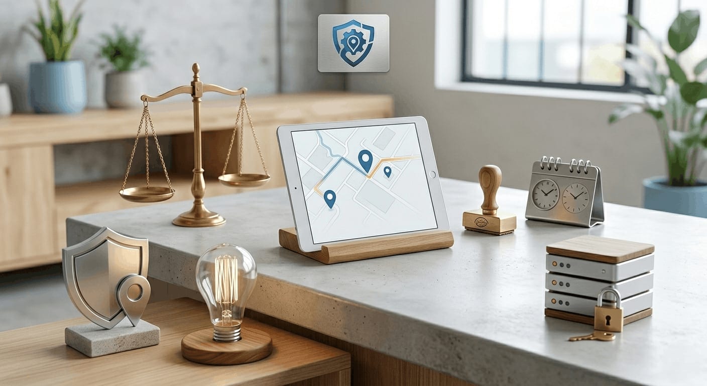 Structured business planning workspace with map, scales, stamp, timer, server stack, lock, and decision-support tools.