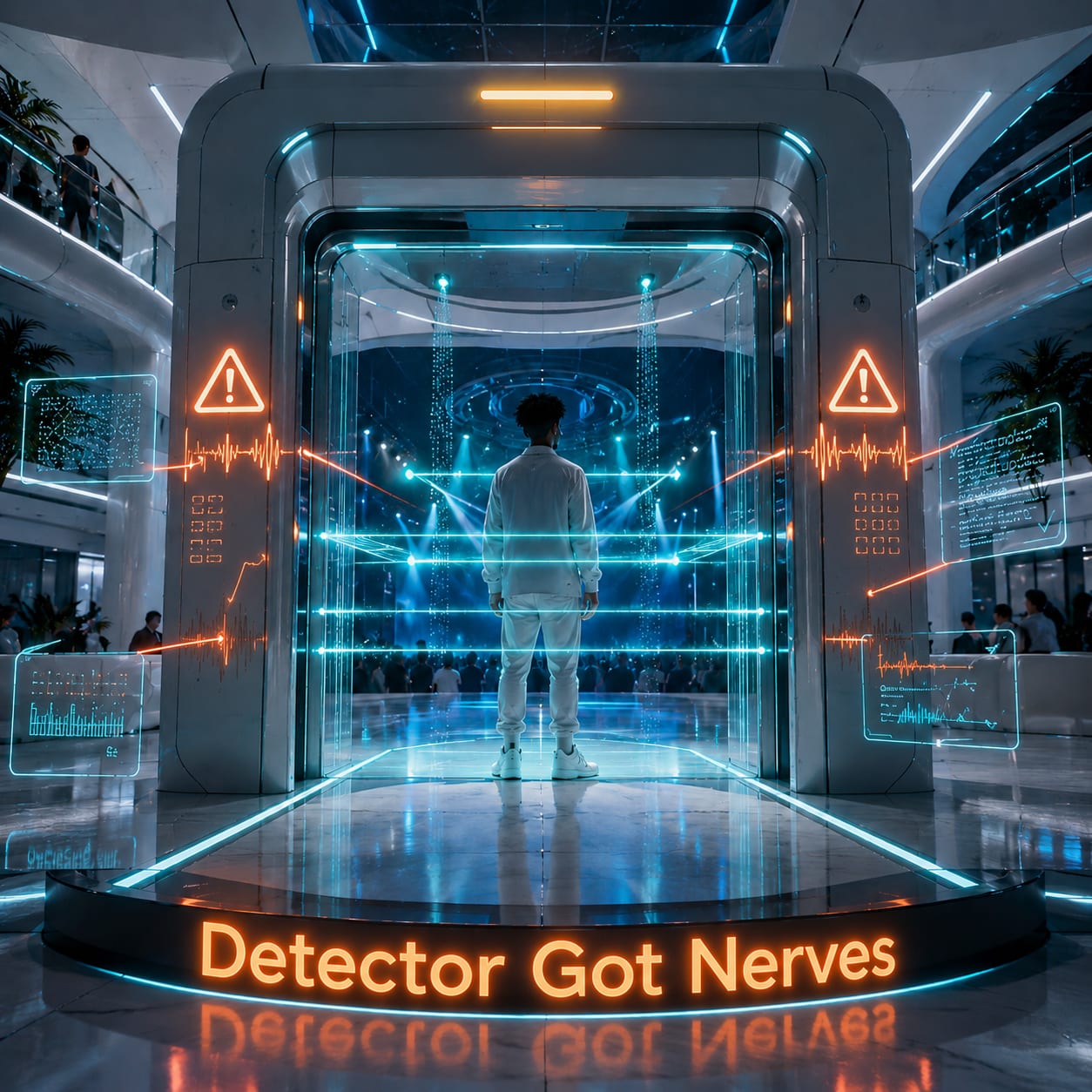 Album cover for Detector Got Nerves, showing a person standing inside a futuristic scanner with warning symbols, blue laser lines, and glowing orange title text.