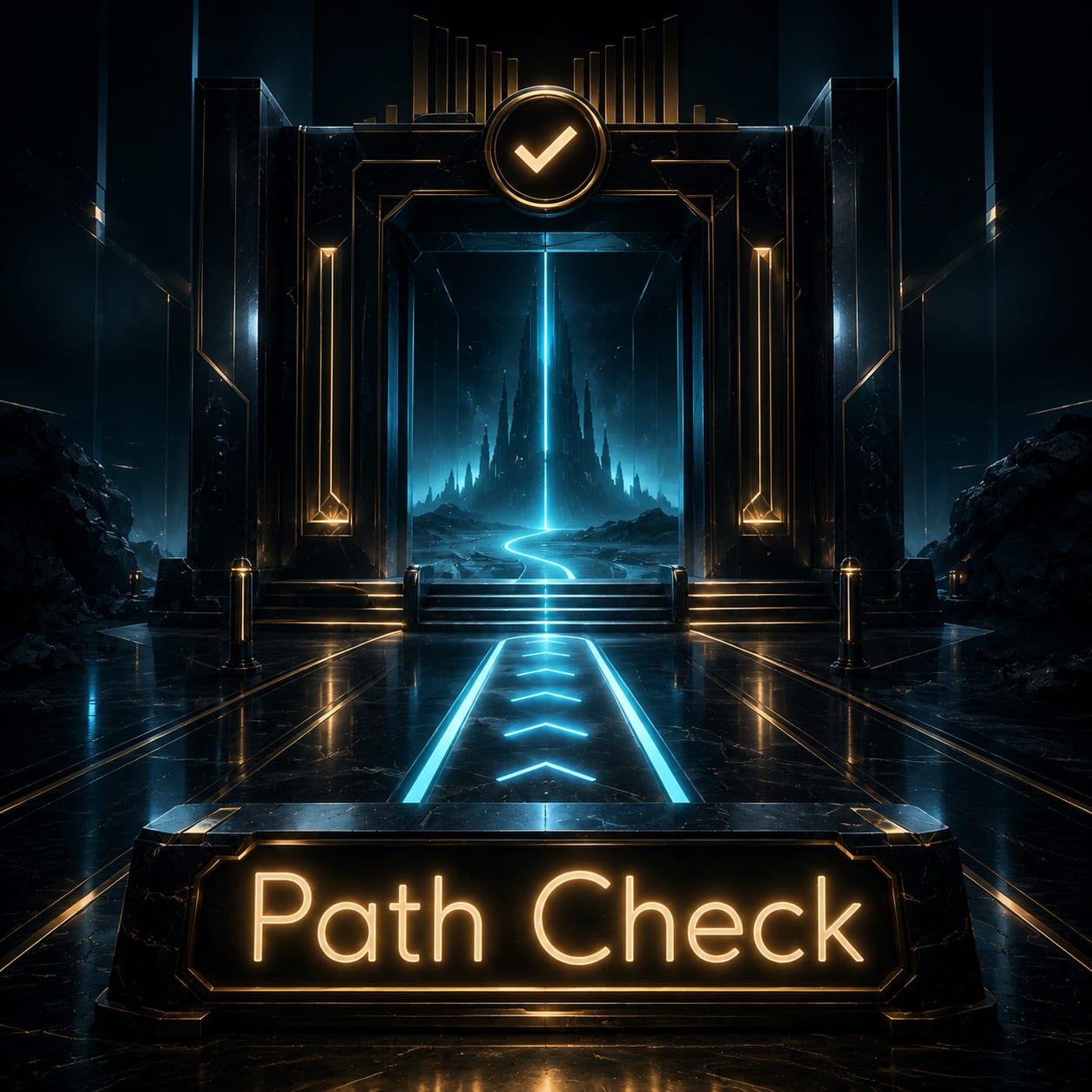 Album cover for Path Check. Premium futuristic gateway scene with a glowing cyan pathway leading through a tall illuminated checkpoint portal toward a distant digital skyline. Deep navy, black, and gold cinematic environment with polished reflective surfaces and elegant access-path lighting. The title “Path Check” appears in large glowing gold lettering on a foreground pedestal.