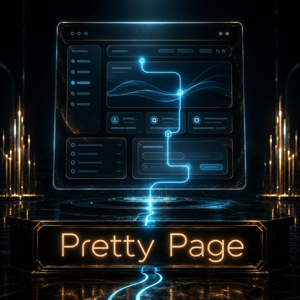 Album Cover for Pretty Page. Dark polished futuristic interface panel floating above a reflective black surface, with glowing cyan route lines flowing through abstract website-style sections and navigation shapes. Elegant navy, teal, cyan, and gold lighting creates a sleek digital atmosphere focused on usability and guided movement. The title “Pretty Page” appears in large glowing gold text at the bottom foreground.